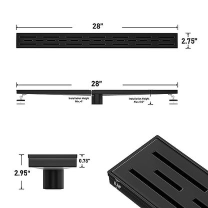 Linear Shower Drain 28" Matte Black 304 Stainless Steel | with Drain Grate| Fast Drainage | Stainless Floor Drain Grate | Hair Strainer | Drain Key | The Upgrade for Your Bathroom - size: 28 Inch
