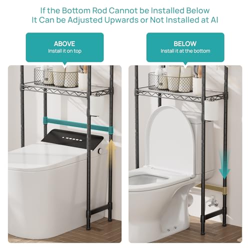 Over The Toilet Storage Shelf 3-Tier Bathroom Organizer and Storage Shelf | with Adjustable Shelf and Basket Freestanding Space Saver Above Toilet for Room Black