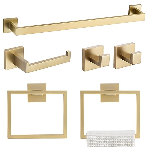 TQKAG 6-Piece Bathroom Towel Bar Sets Brushed Gold 23.6 inch Towel Bar Stainless Steel Towel Ring Coat Hook and Toilet Paper Holder Bathroom Hardware Set Wall Mounted Bathroom Accessories Kit | Stainless Steel, Wall Mounted Brushed Gold Bathroom Accessori