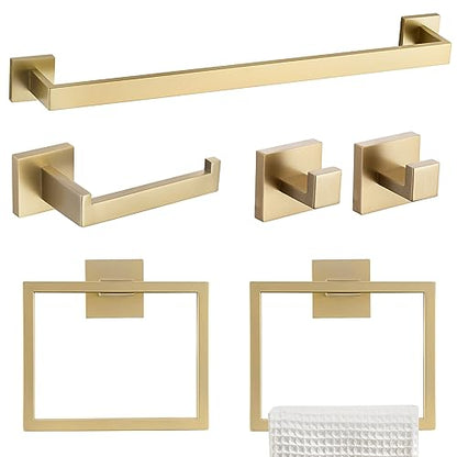 TQKAG 6-Piece Bathroom Towel Bar Sets Brushed Gold 23.6 inch Towel Bar Stainless Steel Towel Ring Coat Hook and Toilet Paper Holder Bathroom Hardware Set Wall Mounted Bathroom Accessories Kit | Stainless Steel, Wall Mounted Brushed Gold Bathroom Accessori