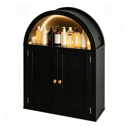 Bathroom Wall Cabinet with LED Light, Over The Toilet Storage Cabinet, Arched Bathroom Cabinet Wall Mount with 2 Doors & Adjustable Shelves, Above Bathroom Sink Cabinet for Laundry Kitchen (Black) - color: Black