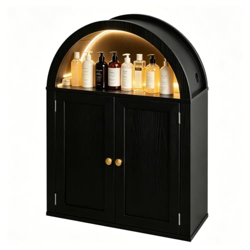 Bathroom Wall Cabinet with LED Light, Over The Toilet Storage Cabinet, Arched Bathroom Cabinet Wall Mount with 2 Doors & Adjustable Shelves, Above Bathroom Sink Cabinet for Laundry Kitchen (Black) - color: Black
