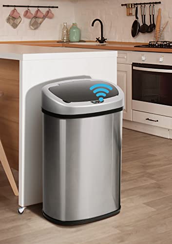 13 Gallon/50 L Kitchen Trash Can With Stainless Steel Touch-Free Lid, Automatic Motion Sensor Garbage Can for Bathroom, Brushed Finish - color: Stainless Steel