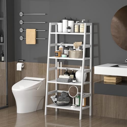Ladder Shelf, 4-Tier Bamboo Ladder Bookshelf, 49.2” White Book Shelf, Open Bookcase Freestanding Plant Stand for Small Space, Bathroom, Living Room, Bedroom, Home Office - color: White