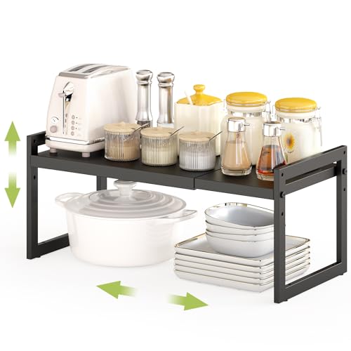 DOLALIKE Expandable kitchen Countertop Organizer, Stackable Cabinet Shelf Organizers, Space Saving Spice Rack Pantry Storage for Bathroom Office (Black, 1 Pack) | Space Saving Metal Pantry Storage Racks for Kitchen Spice Rack Pans and Untensils Bathroom O