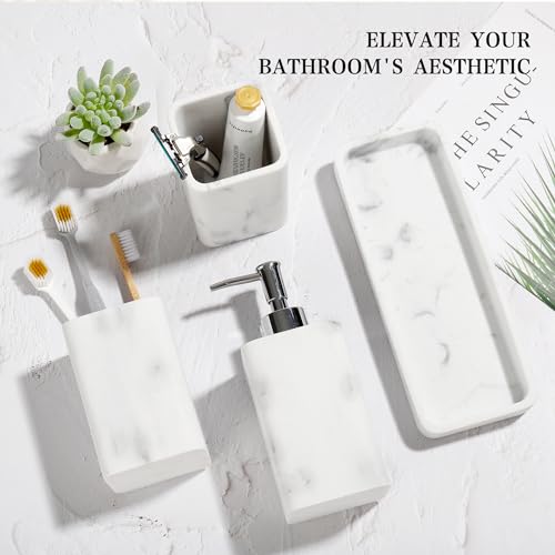 Bathroom Accessories Set, 4 Piece Toothbrush Holder Set Marble White | Bathroom Accessory Set with Soap Dispenser, Toothbrush Holder, Tumbler, Vanity Tray, Bathroom Sink Set for Modern Home Decor - style: White