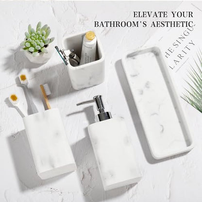 Bathroom Accessories Set, 4 Piece Toothbrush Holder Set Marble White | Bathroom Accessory Set with Soap Dispenser, Toothbrush Holder, Tumbler, Vanity Tray, Bathroom Sink Set for Modern Home Decor - style: White