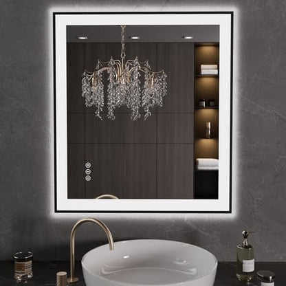 LOAAO 32"X36" LED Bathroom Mirror Black Framed | Anti-Fog, Dimmable, Memory Function, Tempered Glass, Lighted Vanity Mirror for Wall - size: 32"L x 36"W