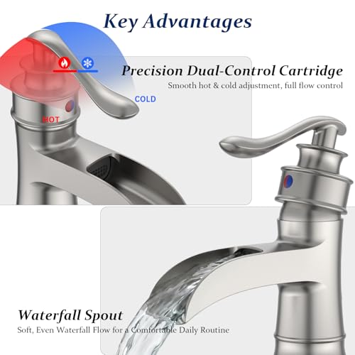 BWE Brass Brushed Nickel Waterfall Bathroom Faucet for Modern & Classic | Lead-Free, Wide Waterfall Spout, Ceramic Cartridge, Fits 1 or 3-Hole Sink, Single Handle, Handware Included, Easy Install - color: Brushed Nickel