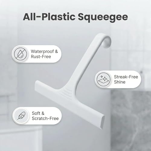 Silicone Shower Squeegee - All-in-One Design with Built-in Hook, 10 Inch Streak-Free Bathroom and car Cleaner for Glass Doors, Mirrors, Windows, Tiles White