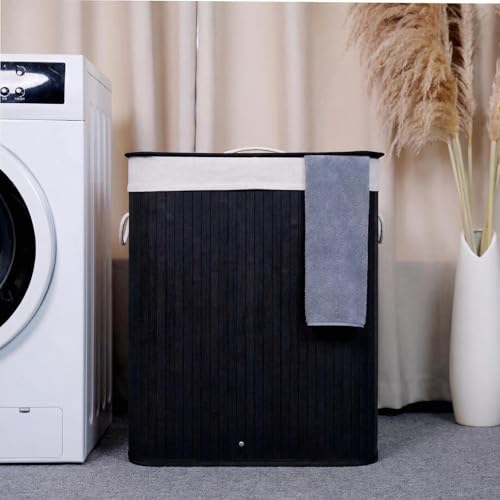 GarveeHome Folding Bamboo Laundry Hamper with Lid, 27.5 Gallon Wooden Laundry Basket with Washable Liner Bag, Slim Clothes Storage Hamper for Small Bedrooms Apartments Dorms (Black - Rectangle) - color: Black - Rectangle