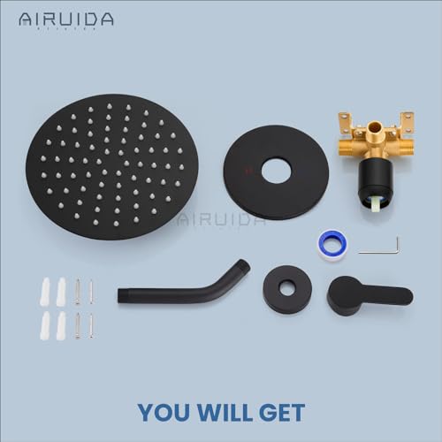 Airuida Shower Faucet Set,8 Inch Matte Black Shower Trim Kit | Round Rainfall Shower Head,Single Handle,Male Threads Rough-in Valve,Wall Mount Bathroom System - color: Black, size: 8 Inch