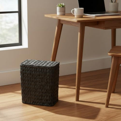 Coeusy Black Wicker Trash Can with Lid and Liner,Waterproof Narrow Waste Basket for Bathroom,Bedroom,Office,3 Gallon - color: black