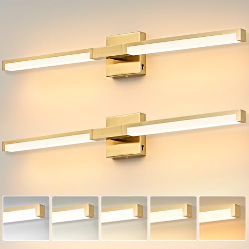 32 Inch Bathroom Vanity Light Fixtures, Gold Modern Light Fixtures Over Mirror, 16W 5CCT Dimmable Wall Light- 2Pack - color: Gold - 2Pack, size: 32 inch