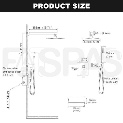 Shower System with 12-Inch Rain Head and Tub Spout | All-Metal Tub Shower Faucet Set, Wall Mounted Rain Showerhead, Handheld Spray, Includes Valve and Trim Kit, Matte Black - color: Matte Black, style: 12"-With Tub Spout