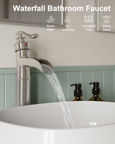 BWE Waterfall Vessel Sink Faucet Brushed Nickel Single Handle 1 Hole | Tall Bathroom Sink Faucets Commercial Mixer Tap with Supply Line and Pop Up Drain without Overflow Lavatory Vanity - color: Brushed Nickel