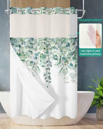 No Hook Shower Curtain and Snap in Liner Set, Green Eucalyptus Fabric Bathroom Stall Shower Curtains 54x78, See Through Mesh Top Window, Spring Summer Botanical Floral Leaves Country Hotel Style - color: Green, size: 54"W x 78"L (Pack of 1)