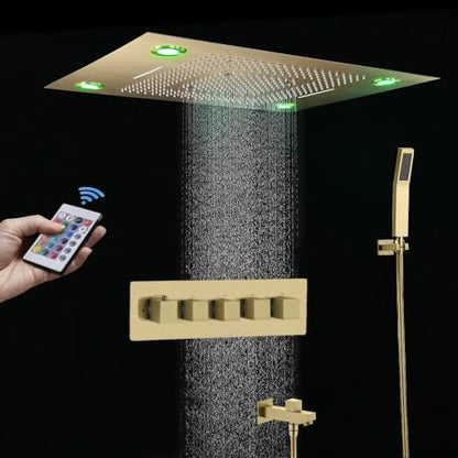 Cascada Classic Design 31 Inch (600mmx800mm) Large Rain Shower Set with Waterfall LED Rectangle recessed ceiling-mount 4 Function shower head (Brushed Gold) - color: Brushed Gold