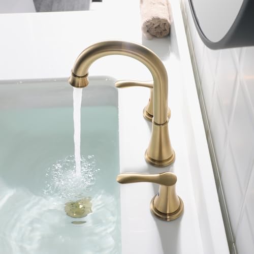 Brushed Gold Widespread Bathroom Sink Faucet 8 Inch for Vanity | with All Metal Pop Up Drain, High Arc 2 Handle Lead-Free Deck Mount Bathroom Faucet for 3 Hole Lavatory Utility Sink - color: Brushed Gold