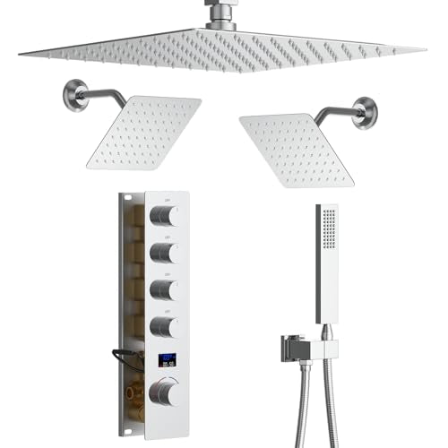 Polished Chrome Shower System with 3 Rain Shower Head(12+8+8 inch), Handheld Spray, 4 Way Smart Temperature Display Shower Faucet set - color: Chrome, size: 12+8+8 inch