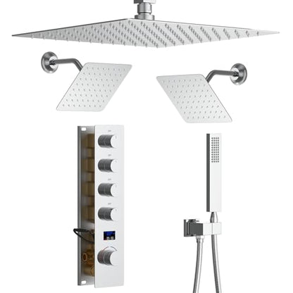 Polished Chrome Shower System with 3 Rain Shower Head(12+8+8 inch), Handheld Spray, 4 Way Smart Temperature Display Shower Faucet set - color: Chrome, size: 12+8+8 inch