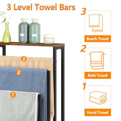 Standing Towel Rack 3 Tier Small Towel Blanket Ladder Holder Stand | For Bathroom Bedroom Living Room, Metal, Farmhouse, with Storage Shelf, Black Brown - color: Black+brown