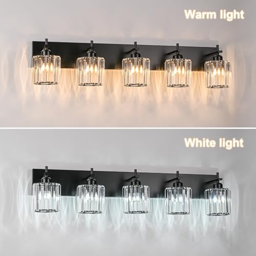 Black Crystal Bathroom Vanity Lights, Modern 5-Lights Bathroom Lighting Fixtures Over Mirror, Crystal Wall Lighting with Round Shade - color: Black-Round Shade, size: 5-Light