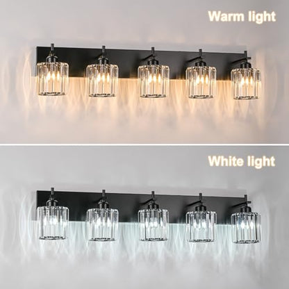 Black Crystal Bathroom Vanity Lights, Modern 5-Lights Bathroom Lighting Fixtures Over Mirror, Crystal Wall Lighting with Round Shade - color: Black-Round Shade, size: 5-Light