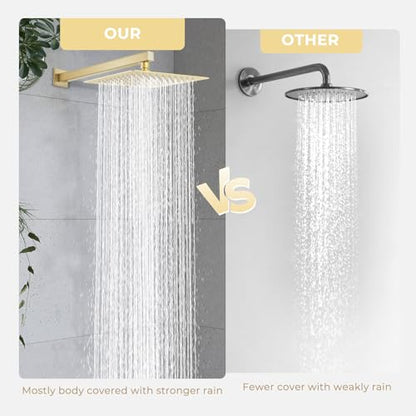 10 Inch Rain Shower Head, Square Rainfall & High Pressure, 304 Stainless Steel, 1/16" Ultra Thin, Waterfall Full Body Coverage with Silicone Nozzle, Brushed Gold - color: Golden, size: 10 Inch