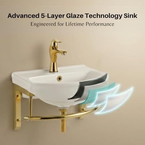 Renovators Supply Ridge 17 3/4 in. Wall Mount Bathroom Sink Combo Brass PVD | Grade A Vitreous China, Solid Brass Faucet, Pop Up Drain, Stainless Steel Towel Bar, Overflow - color: Brass
