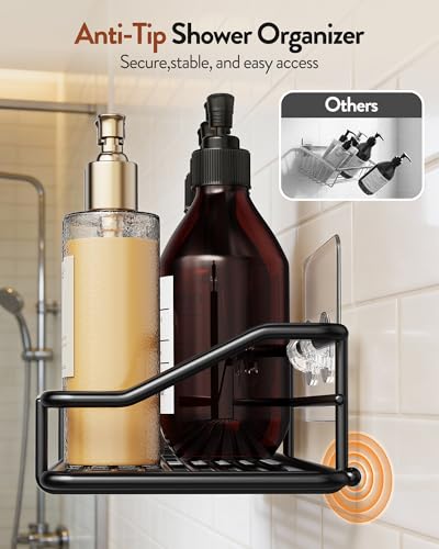 Orimade Adhesive Bathroom Shelf Organizer Shower Caddy Storage Basket Kitchen Spice Rack No Drilling SUS304 Stainless Steel Rustproof, 15.75 inch, Black - color: Black