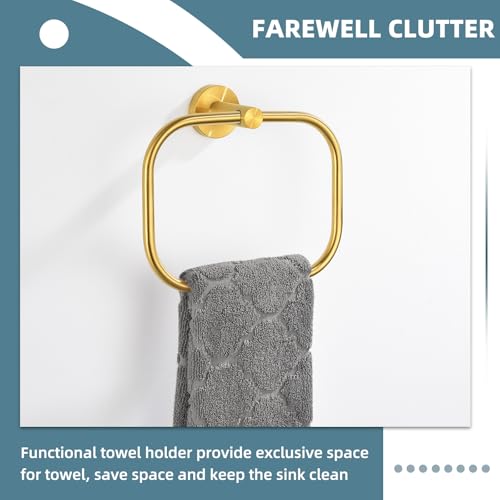 Brushed Gold Towel Ring for Bathroom, Rustproof 304 Stainless Steel | 180° Swivel Hand Towel Holder, Modern 7.09" Square Hanging Loop, Easy Towel Hang & Grab, Space-saving Drilling Wall Mounted - color: Brushed Gold