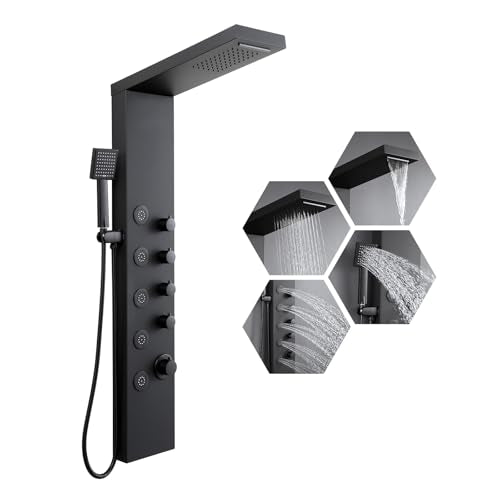 ROVATE 4-in-1 Rainfall Waterfall Shower Panel Tower System, Matte Black | Shower Column with Body Massage Jets and Handheld, Stainless Steel High Pressure, Use Multiple Functions Simultaneously - color: Matte Black
