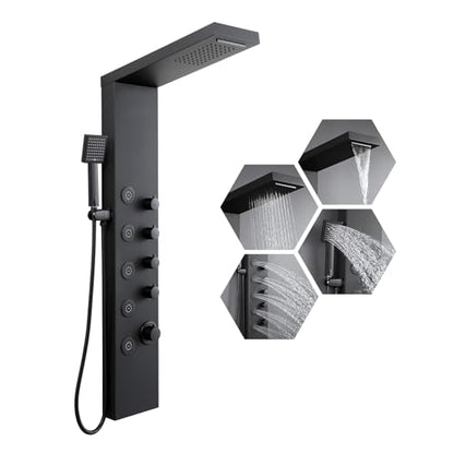 ROVATE 4-in-1 Rainfall Waterfall Shower Panel Tower System, Matte Black | Shower Column with Body Massage Jets and Handheld, Stainless Steel High Pressure, Use Multiple Functions Simultaneously - color: Matte Black