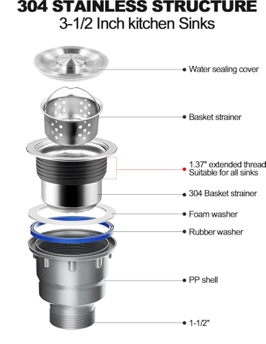 3-1/2 ‘’Kitchen Sink Drain Assembly Kit 304 Stainless Steel Sink Strainer Drain Basket Replacement with Sink Stopper Sealing Lid Fit Standard Sink Drain Hole for Kitchen Bathroom