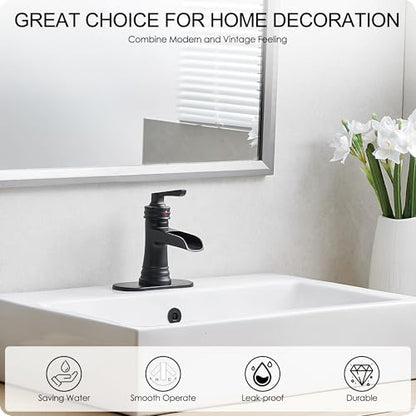 Matte Black Bathroom Faucet 1 Hole, Brass Waterfall Bathroom Faucets 3 Hole 4 Inch Single Handle with Pop-up Drain, Deck Plate, Pre-Installed cUPC Hose for Lavatory, Farmhouse, 5 Mins Install - color: Matte Black