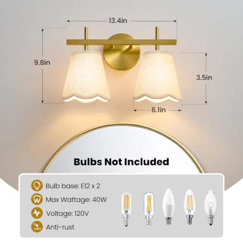 Modern Bathroom Vanity Light, 2-Light Brushed Gold Bathroom Light Fixtures with Scalloped Linen Fabric Shade, Vanity Lighting Fixtures Over Mirror (Exclude Bulb) - color: Gold, size: 2 Light