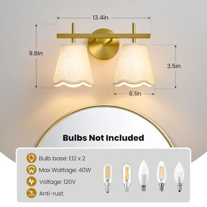 Modern Bathroom Vanity Light, 2-Light Brushed Gold Bathroom Light Fixtures with Scalloped Linen Fabric Shade, Vanity Lighting Fixtures Over Mirror (Exclude Bulb) - color: Gold, size: 2 Light