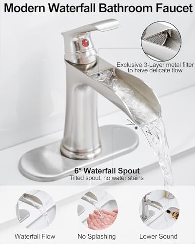 Waterfall Bathroom Faucet, Brass Brushed Nickel Bathroom Faucets, Single Handle Bathroom Sink Faucet, 4 Inch Vanity Faucet 1 Hole or 3 Holes with Drain Deck Plate & Supply Hoses for RV Lavatory - color: Brushed Nickel - Modern