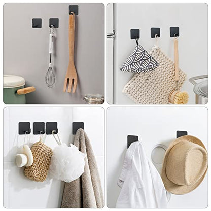 VIS'V Adhesive Hooks, Small Shower Wall Stick on Hooks, Black, 4 Pcs | Metal Material, Compact Design, Peel and Stick, 2 Extra Adhesive Strips, for Bathroom Kitchen Livingroom Office RV - color: Black