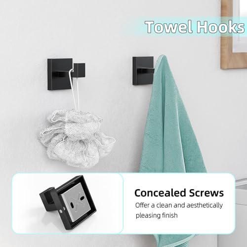 5-Pieces Matte Black Bathroom Hardware Accessories Set, 24 Inch Stainless Steel Towel Racks for Bathroom, Towel Bar Set Towel Ring Coat Hook and Toilet Paper Holder with Shelf Wall Mounted - color: Black