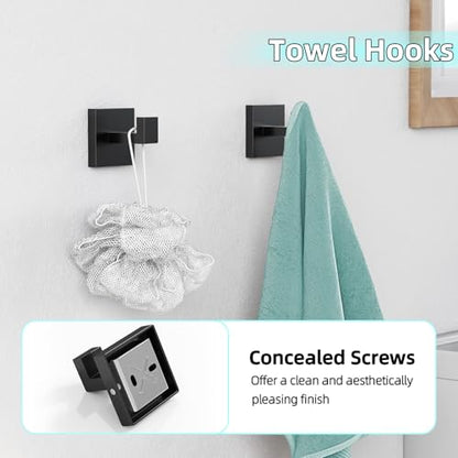 5-Pieces Matte Black Bathroom Hardware Accessories Set, 24 Inch Stainless Steel Towel Racks for Bathroom, Towel Bar Set Towel Ring Coat Hook and Toilet Paper Holder with Shelf Wall Mounted - color: Black