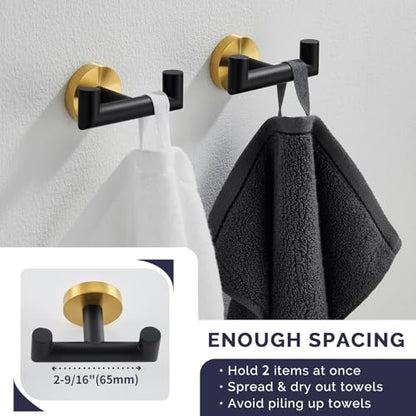 Angle Simple Double Towel Hooks, Bathroom Robe Coat Hook 2 Pack, Black Gold | Solid Stainless Steel, Heavy Duty Dual Holder for Shower Closet Kitchen Living room Entryway, Screws Wall Mounted - color: Black & Gold, size: 2 Pack