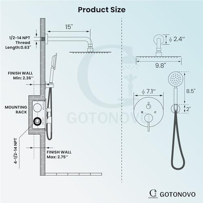 gotonovo High Pressure Shower System Valve and Trim Kit,Matte Black | Round Rain 10 Inch Shower Head with Handheld Faucet Set Complete,Rough In Valve,2-in-1 Diverter,All Metal,Bathroom Wall Mount - color: Black