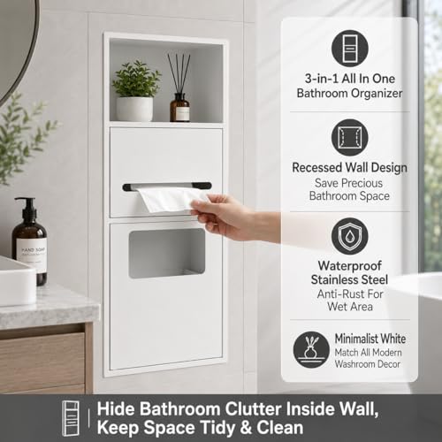 Recessed Toilet Paper Holder, Stainless Steel Shower Nich, Waterproof Bathroom Niche, Built-in Hidden Trash Can Tilt Out Trash Bin Cabinet for Kitchen Living Room Bedroom Hotel Residential (White) - color: White