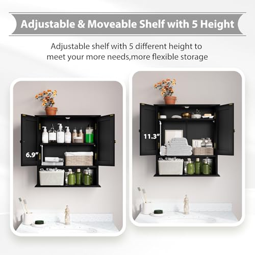 Bathroom Wall Cabinet, Bathroom Cabinet Wall Mount with 2 Doors and Open Shelf, Over The Toilet Wall Storage, Wooden Medicine Cabinets - color: Bathroom Cabinet-black