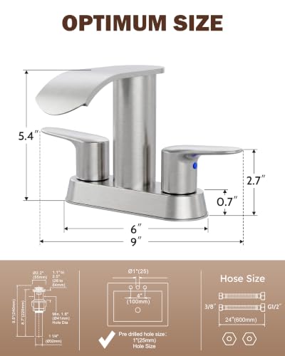 WOWOW Waterfall Centerset Brushed Nickel 4 inch Bathroom Faucet 3 Hole - color: Brushed Nickel