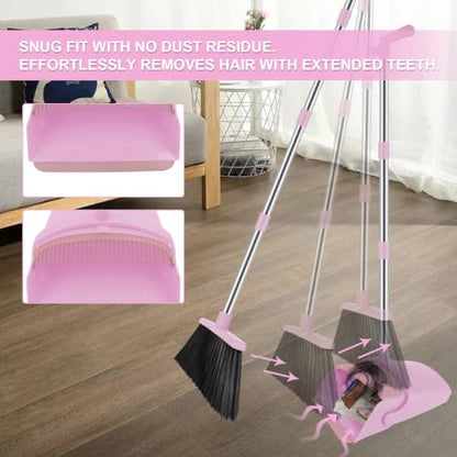 Broom and Dustpan Combo Set, 52" Long Handle with Squeegee & Mini Set | Pink Complete Cleaning Kit, Built-in Comb Dustpan, Floor Squeegee for Wet & Dry Messes, Mini Broom Set，for Home & Pet Areas - color: Pink