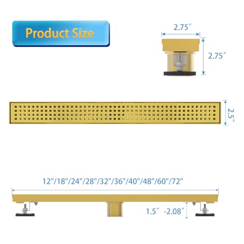 28 inch Linear Shower Drain Brushed Gold with Grate Removable | Square Hole Panel,AISI 304 Stainless Steel Fast Drainage Rectangle Hidden Shower Trench,Detachable Hair Catcher,Leveling Feet - color: Gold, size: 28 inch+No Base