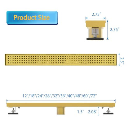 36 Inch Linear Shower Drain Brushed Gold with Grate Removable | Square Hole Panel,AISI 304 Stainless Steel Fast Drainage Rectangle Hidden Shower Trench,Detachable Hair Catcher,Leveling Feet - color: Gold, size: 36 inch+No Base